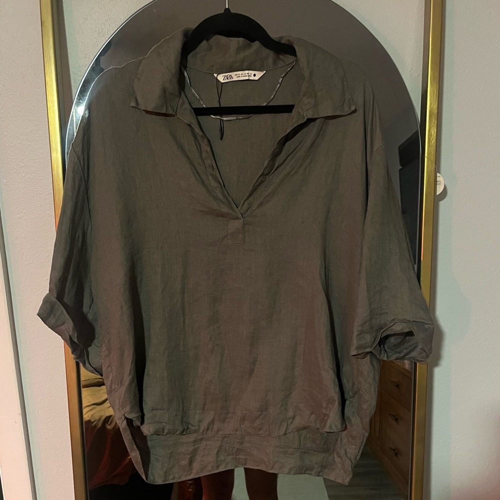 Zara Linen Popover Shirt Collared Half Sleeve Relaxed Fit